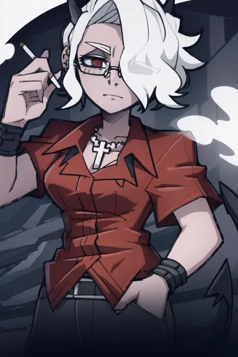 ((best quality)), ((highly detailed)), masterpiece, detailed face, beautiful face, (detailed eyes, deep eyes), (1girl), (glasses), full body, <lora:zdrada:.9>, zdrada(helltaker), short hair, white hair, hair over one eye, red eyes, demon horns, black horns, tail, ear piercing, BREAK, cross necklace, cross, choker, (red shirt), collared shirt, (untucked shirt), black pants, cigarette, holding cigarette, smoking, <lora:vanripperartStyle:1>