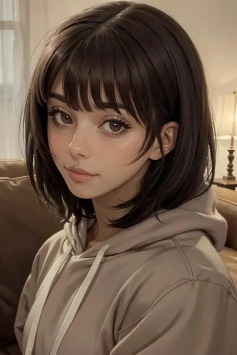 looking at viewer, (portrait, close up:1.2), parted lips,
lexupdog, 1girl, lips,  medium black hair, blunt end bangs, brown eyes, overside cozy hoodie,
realistic, picturesque, indoors, overcast, raining, couch, cozy lighting, depth of field,
 <lora:lexupdog_v3-04:0.8>