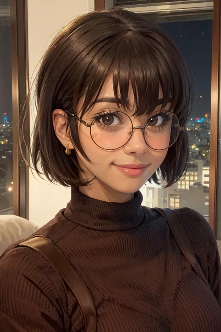 smiling at viewer, (portrait, close up,:1.2)
lexupdog, 1girl, lips, short black hair, blunt end bangs, brown eyes, red ribbed sweater dress, gold jewelry, glasses,
realistic, picturesque, indoors, night time, city skyline, japan,
<lora:lexupdog_v3-04:0.8>
