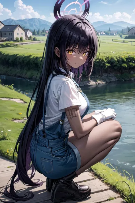 (masterpiece, best quality, detailed), 1girl, solo, karin kakudate, very dark skin, halo, very long hair, tattoo,
overalls, white shirt, short sleeves, white gloves, outdoors, house, rural, village, scenery, path, river, bridge, squatting, from side, from above, happy