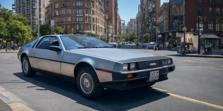 DMC12,DMC12,modern city. DMC-12 ride on the street, time travel, hovers amidst holographic visualizations of temporal lines. futuristic DMC12 leaves trails of light, impression of temporal journeys. magic of the past with technological progress, steampunk, soft light, realistic, photorealism, hitech, UHD, 8k, <lora:DMC12:0.7>