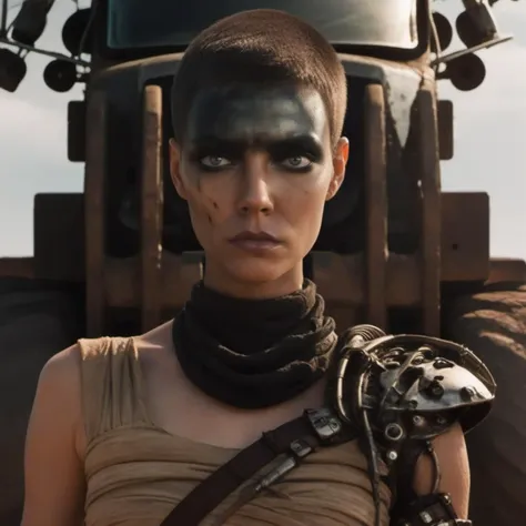 Dystopian style a closeup face portrait of a woman with short hair , ((mechanical arm)), in dysneyland <lora:Furiosa1024:0.9> . Bleak, post-apocalyptic, somber, dramatic, highly detailed