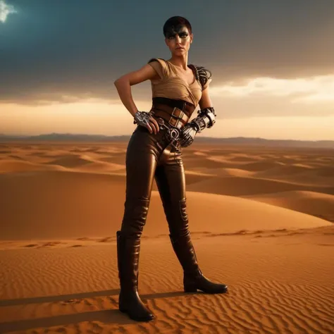 cinematic photo a woman with short hair and a single mechanical arm, leather pants, boots,  in the desert <lora:Furiosa1024:0.8> . 35mm photograph, film, bokeh, professional, 4k, highly detailed