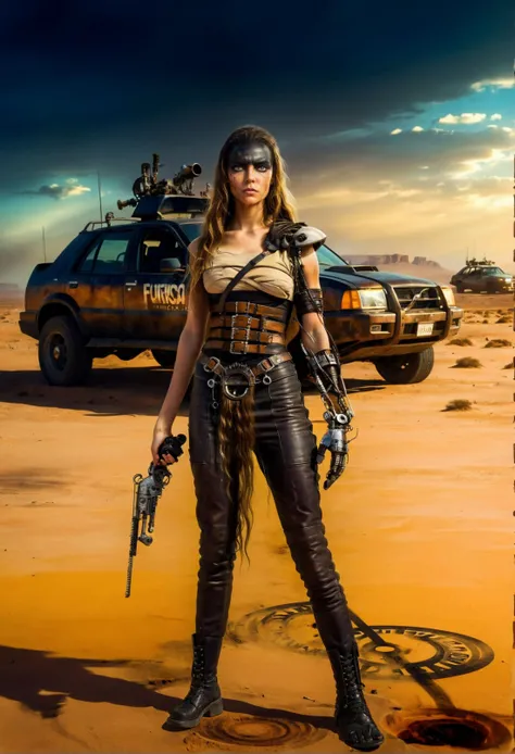 (digital painting),art, (full body wide shot:1.2) of (a woman with long hair and mechanical arm in the desert,she is near a post apocaliptic car with word Furiosa written on the car),(sweaty skin:1.25),dynamic pose,(surreal dramatic lighting shadow),nighttime,masterpiece background,high quality,made by professional,she is looking at camera,bokeh,depth of field,post apocaliptic world,mad max,rim lighting