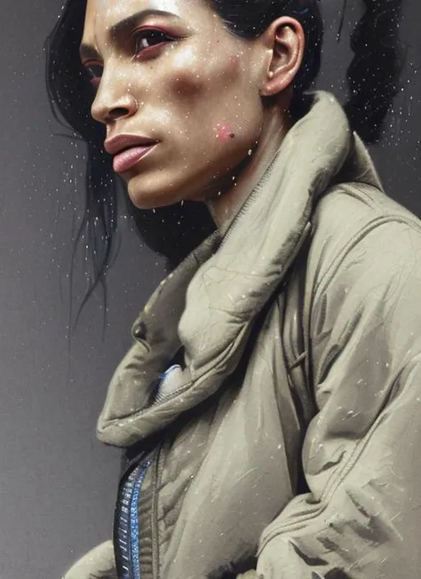 detailed film still of portrait neon operator sks woman in the blade runner, messy ponytail, cyberpunk futuristic, neon, reflective puffy coat, decorated with traditional japanese by smail inceoglu dragan bibin hans thoma greg rutkowski alexandros pyromallis nekro, illustrated, perfect face, fine details, realistic shaded, fine - face, pretty face