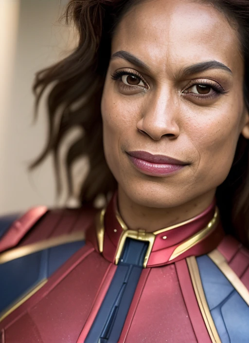 <portrait of sks woman as captain marvel, feminine, epic > (photo, studio lighting, hard light, sony a7, 50 mm, hyperrealistic, big depth of field, mate skin, pores, wrinkles, concept art, colors, hyperdetailed, hyperrealistic)