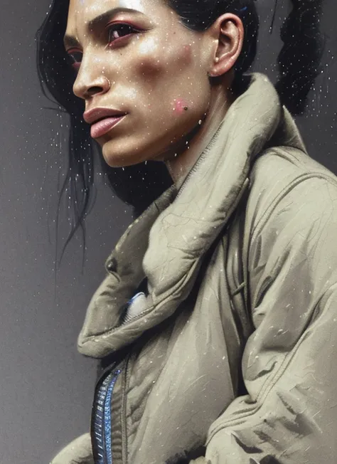 detailed film still of portrait neon operator sks woman in the blade runner, messy ponytail, cyberpunk futuristic, neon, reflective puffy coat, decorated with traditional japanese by smail inceoglu dragan bibin hans thoma greg rutkowski alexandros pyromallis nekro, illustrated, perfect face, fine details, realistic shaded, fine - face, pretty face