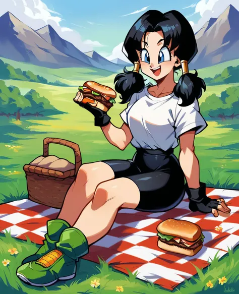 zPDXL, 1girl,
videl, black hair, blue eyes, parted bangs, twintails, black shorts, bike shorts, black gloves, fingerless gloves, white shirt, green shoes, smiling, happy, sitting, picnic basket, sandwiches, grass, field, mountain,
<lora:dragonball-videl-ponyxl-lora-nochekaiser:.4> <lora:Eldritch Oil Style LoRA_Pony XL v6:1>