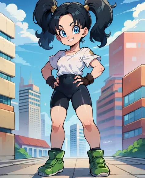 zPDXL, 1girl, chibi, 
videl, black hair, blue eyes, parted bangs, twintails, white shirt, short sleeves, black shorts, bike shorts, green shoes, fingerless gloves, looking at viewer, smiling, full body shot, standing, hands on hips, on building roof, cityscape, blue sky, 
 <lora:dragonball-videl-ponyxl-lora-nochekaiser:.6> <lora:CitronAnimeTreasure:1>