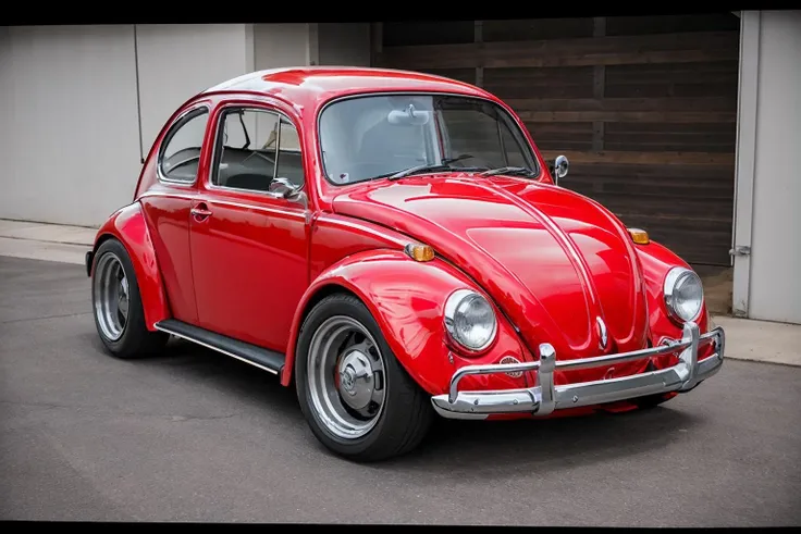 ((three quarter view)), (best quality, masterpiece, award winning), analog photo of a red Volkswagen Beetle car, <lora:vwb33tl3:0.65>, golden hour, 1969, film grain, retro, High Detail, Sharp focus, photorealism, realistic, dramatic lighting, epic,cinematic. widebody sports car, lowered, large box fenders, deep dish rims, racing wheels, ground vehicle, motor vehicle, <lora:conceptWB_v1:0.85>