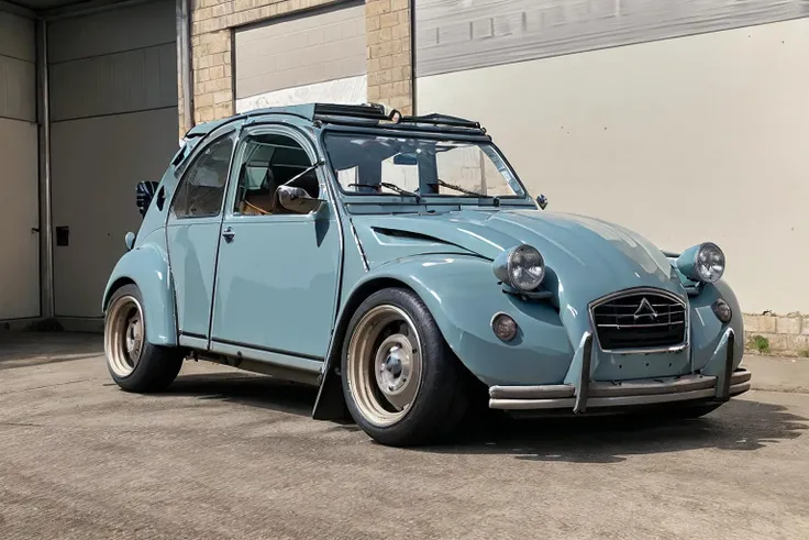 (best quality, masterpiece),  photo of a 2cv, <lora:2cv:0.65>, widebody sports car, lowered, large box fenders, deep dish rims, racing wheels, ground vehicle, motor vehicle, <lora:conceptWB_v1:0.85>