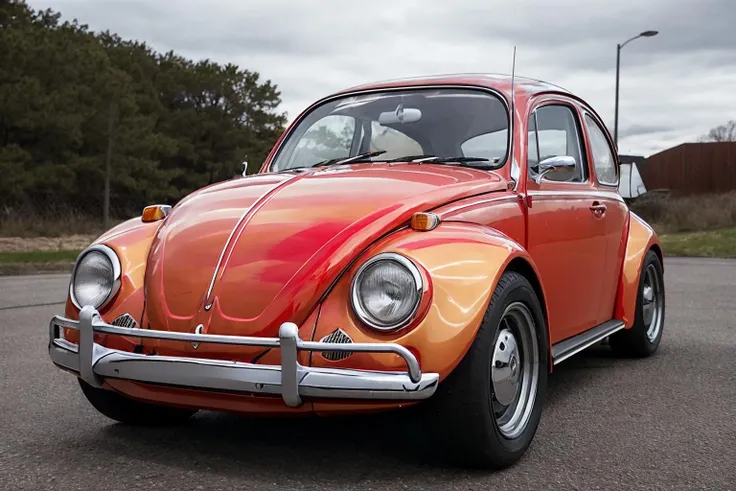 ((three quarter view)), (best quality, masterpiece, award winning), analog photo of a red Volkswagen Beetle car, <lora:vwb33tl3:0.65>, golden hour, 1969, film grain, retro, High Detail, Sharp focus, photorealism, realistic, dramatic lighting, epic,cinematic. widebody sports car, lowered, large box fenders, deep dish rims, racing wheels, ground vehicle, motor vehicle, <lora:conceptWB_v1:0.85>