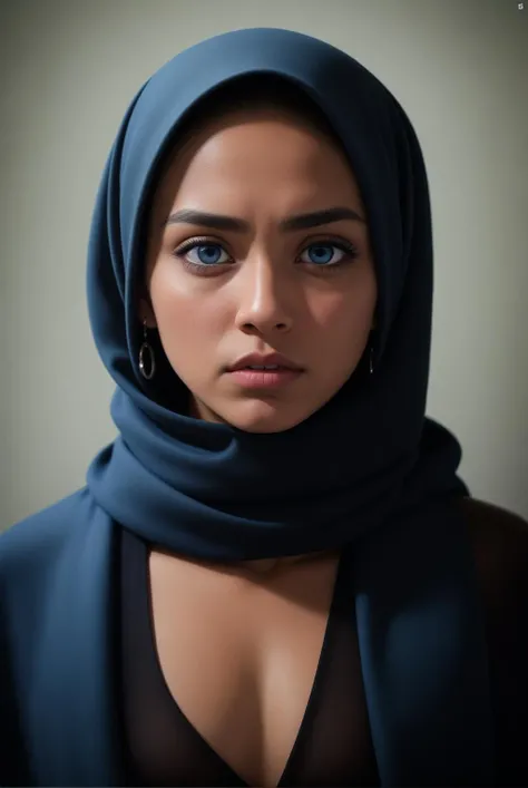 A photo of a person with (striking blue eyes:1.3), dark complexion, draped in a (black headscarf:1.2), (piercing gaze:1.2), subtle facial features, high contrast against (dark background:1.1), (depth in eyes:1.2), natural light highlighting face, sharp focus, portrait orientation, Canon EOS R, 1/80s, f/2.8, ISO 100, (soulful expression:1.3), intimate portrait, profound narrative, (rich texture detail:1.1), fine art photography