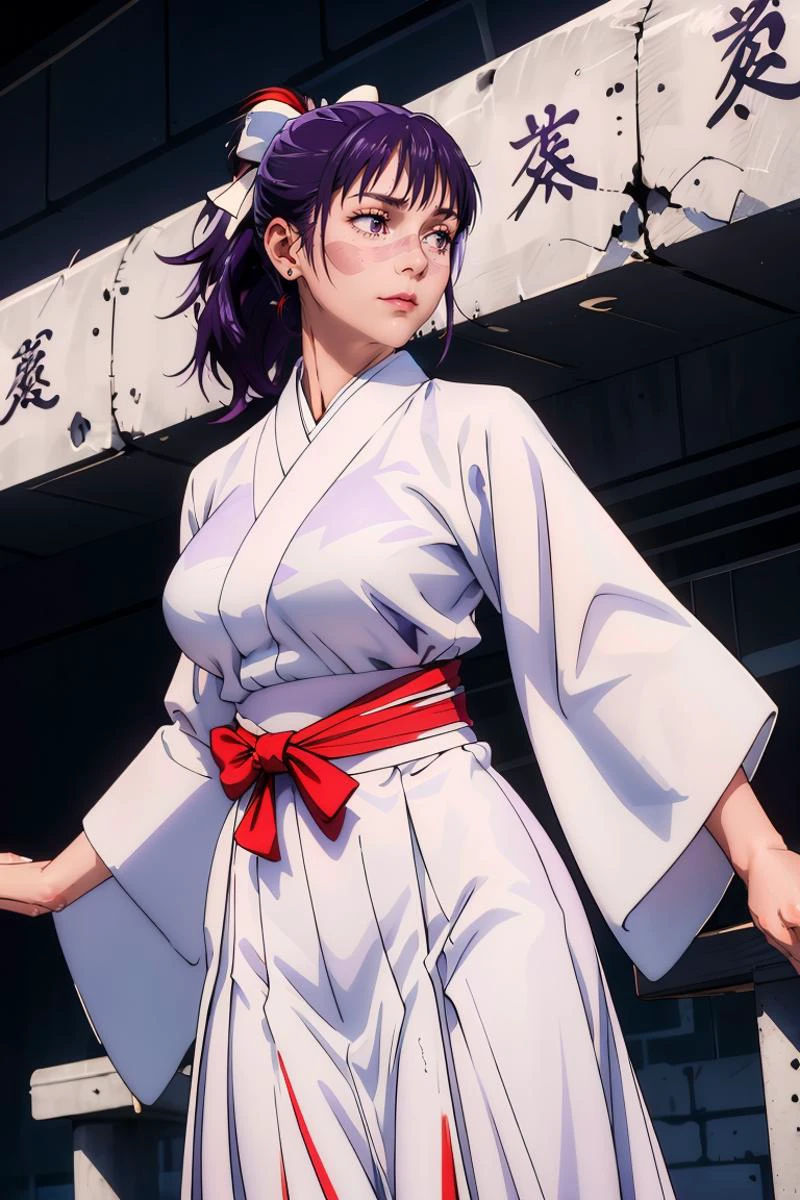 masterpiece, best quality, Ray tracing, hdr, volumetric lighting,
<lora:Utahime_JujutsuKaisen_FefaAIart:0.77>, Iori, scar on face, bangs, scar on cheek, purple hair, ponytail,
looking at viewer,
<lora:From_Below_FefaAIart:0.8>, from below, low angle shot,
red hakama skirt, hair bow, white bow, wide sleeves, white kimono, long sleeves,
<lora:Gigantic_Breasts_FefaAIart:0.6>, gigantic breasts, huge breasts, big breasts,