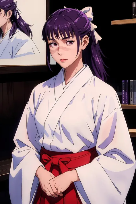 masterpiece, best quality, Ray tracing, hdr, volumetric lighting,
 <lora:Utahime_JujutsuKaisen_FefaAIart:0.77>, Iori, scar on face, bangs, scar on cheek, purple hair, ponytail,
looking at viewer, 
red hakama skirt, hair bow, white bow, wide sleeves,  white kimono, long sleeves,