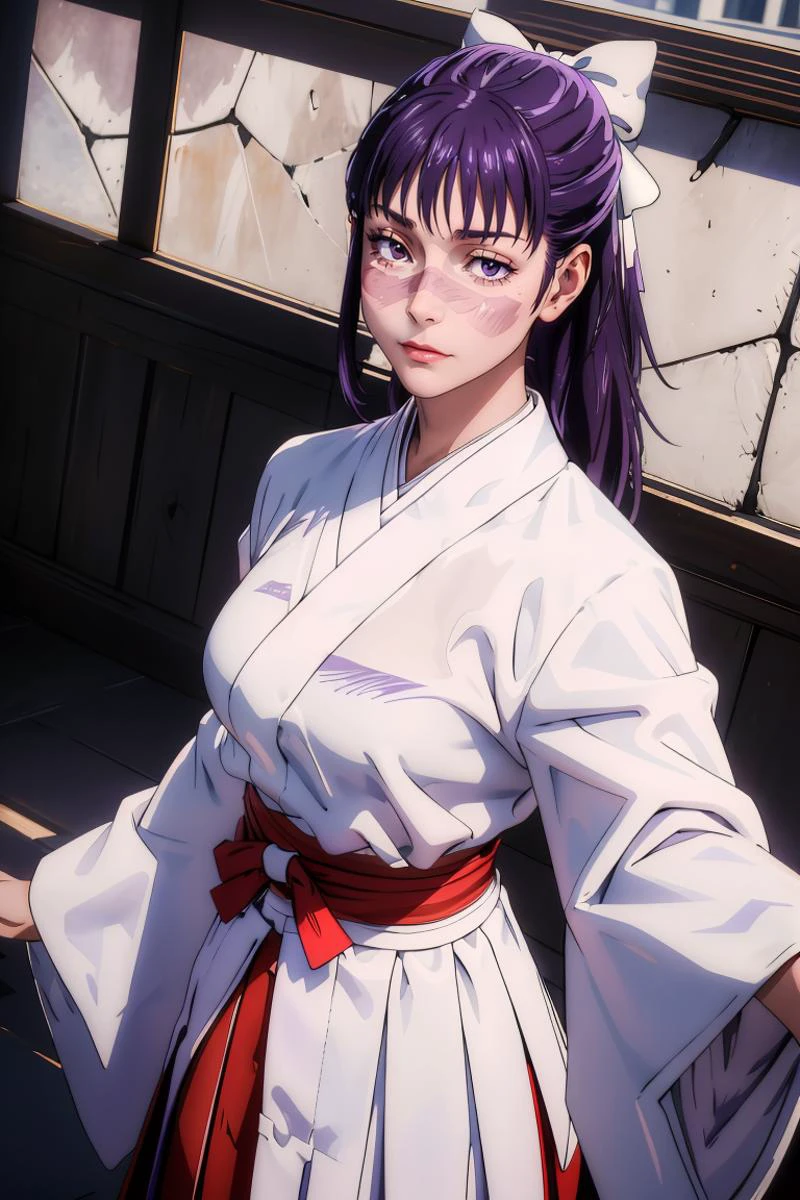 masterpiece, best quality, Ray tracing, hdr, volumetric lighting,
<lora:Utahime_JujutsuKaisen_FefaAIart:0.77>, Iori, scar on face, bangs, scar on cheek, purple hair, ponytail,
looking at viewer,
<lora:From_Below_FefaAIart:0.8>, from below, low angle shot,
red hakama skirt, hair bow, white bow, wide sleeves, white kimono, long sleeves,
<lora:Selfie_FefaAIart:0.7> selfie, clothes lift, bra, breasts,