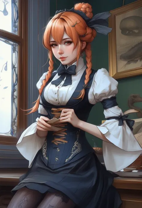 potrait of a pretty anime girl in a victorian outfit, ((tight waist)), very skinny, art by Jean - baptiste monge, unreal engine, greg rutkowski, loish, rhads, beeple, makoto shinkai and lois van baarle, ilya kuvshinov, rossdraws, tom bagshaw, alphonse mucha, global illumination, detailed and intricate environment