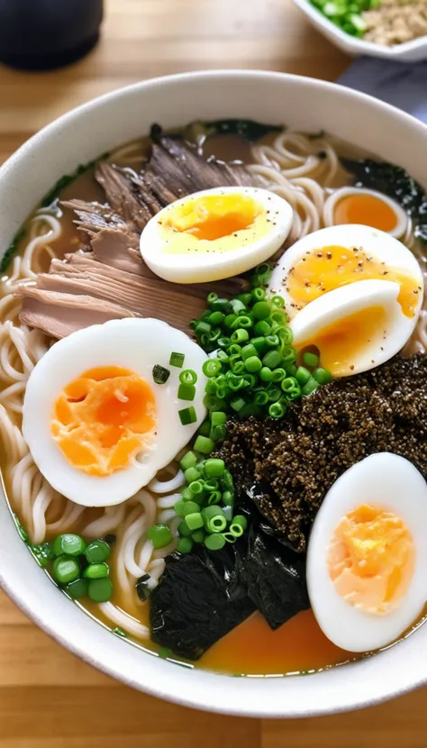 bowl of steaming hot ramen noodles, with a variety of toppings including sliced pork, boiled egg, green onions, and a sheet of nori (dried seaweed). The broth looks rich and flavorful, likely made from a combination of chicken, pork, and dashi.