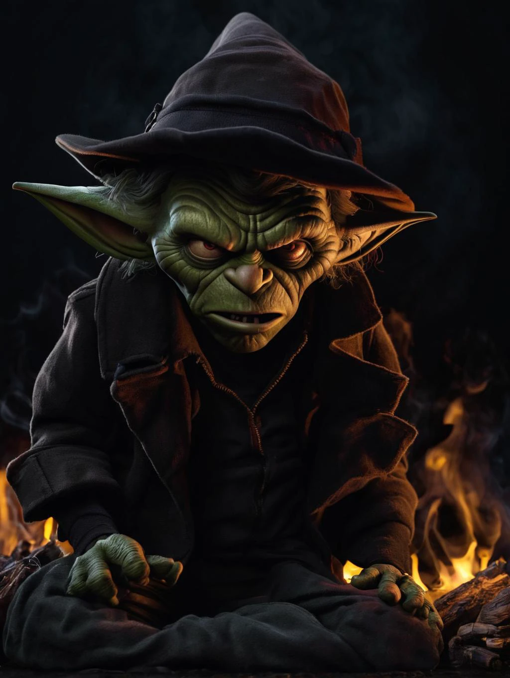 Hyperrealistic art , (full body:1.8), Generate an image showing a goblin-like character of smoke surrounded by the size of a child, He has green-red skin that is shiny, wears a torn jacket and a strange hat while sitting by the campfire at night, fire is the only source of light, a long pipe in his mouth,
(darkness:4.0), natural light, rimlight, dim light, low light, dramatic light, partially covered in shadow,
<lora:add-detail-xl:1.4>, <lora:angry:2> <lora:Low-key lighting Style:1> low-key, lighting, style, Ultra-HD-details, true to life, HDR image, High detail resolution, high detailed cloth, cinematic lighting, realistic, sharp focus, (very detailed), ((4K HQ)), depth of field, f/1.2, Leica, 8K HDR, High contrast, bokeh, realistic shadows, vignette, epic, . Extremely high-resolution details, photographic, realism pushed to extreme, fine texture, incredibly lifelike