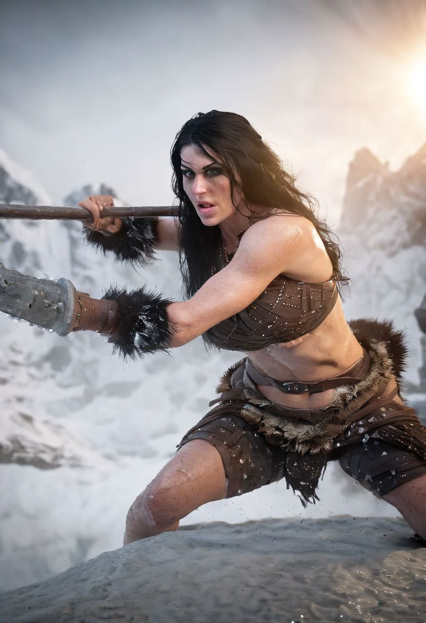 roguelike dnd, female barbarian black hair, white background, beautiful, adventure core, Cinematic lighting, Volumetric lighting, Epic composition, Photorealism, Bokeh blur,