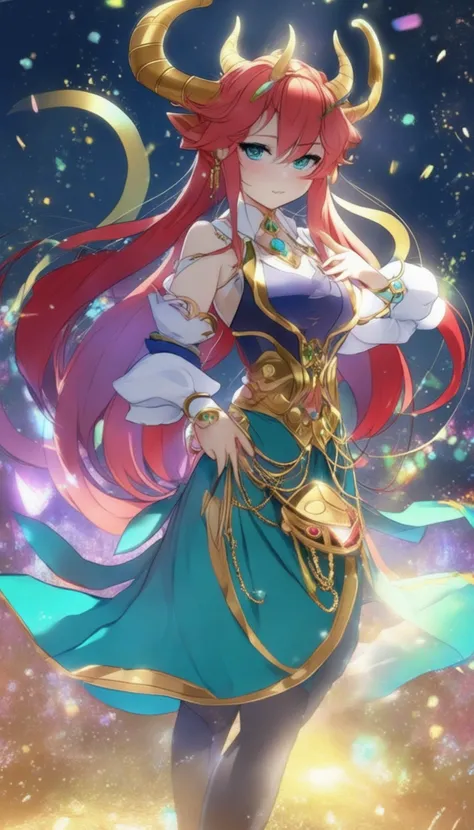1girl, solo, back light, rainbow, aqua eyes, fake horns, red hair, long hair, crop top, jewelry, horns, veil, bracer, brooch, puffy long sleeves, skirt, bangs, low twintails, puffy sleeves, neck ring, gold trim, parted bangs, arm up, blue skirt, hair ornament, detached sleeves, floating hair, gem, hair flower, blue gemstone