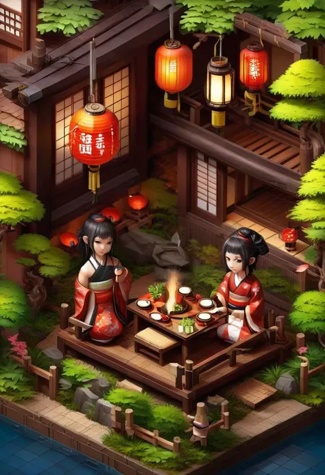 traditional Japanese restaurant, lanterns, isometric, zavy-ctsmtrc, art,realistic,hyperrealistic,
city background,