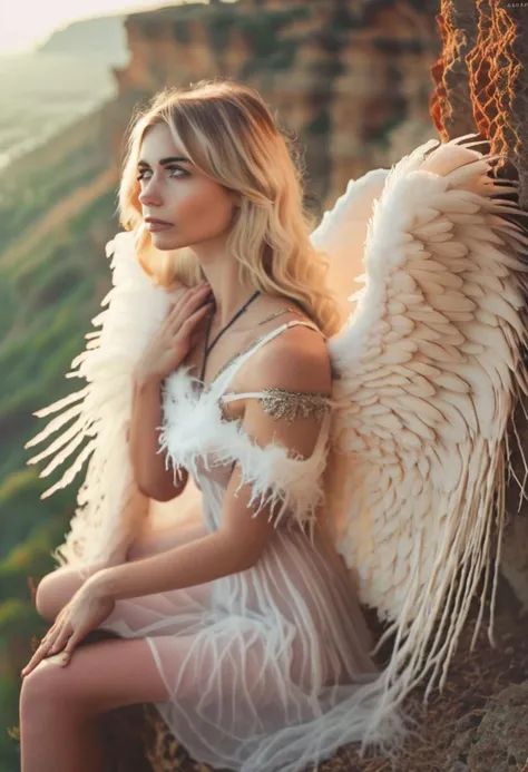 raw photo, portrait, angel girl, Elsa,, blonde, 25yo, thoughtful, sunset lights, sitting on the edge of a cliff, breathtaking raw photo shot, angelcore, realistic photo grain, portrait, feathered detailed wings
