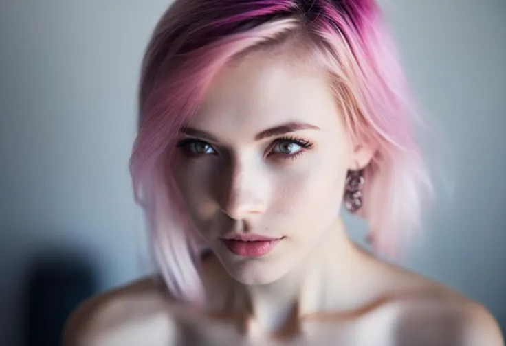 small breasts, a woman with pretty face, pink hair, highly textured skin, ring-light, anti-aliasing, color-graded, potrait, sony a7, 50 mm