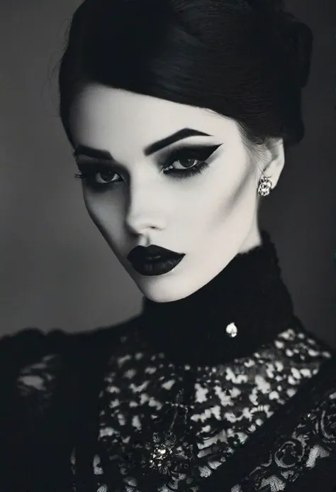 Close-up Portrait bnw photo of a cute pale goth girl wearing a (black victorian dress), diamond shaped face, (extremly detailed skin:1.3), shot on polaroid, photo in the style of Alessio Albi