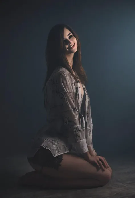 (RAW photo, best quality), ((Nostalgia,1980s syle)),(A girl with a literary atmosphere:1.2),(realistic, photo-realistic:1.3), extremely delicate and beautiful, Amazing, finely detail, masterpiece, ultra-detailed, highres,best illustration, best shadow,intricate,depth of field,1girl,(long legs:1.4),long hair,messy hair,((((low key,dark scene,dimly lit)))),fat,(((soft lighting:1.4))),(pale skin:1.4),(shy smile),(cinematic angle),sharp focus, volumetric fog, 8k UHD, DSLR, high quality,( film grain:1.4), Fujifilm XT3,(looking at viewer)