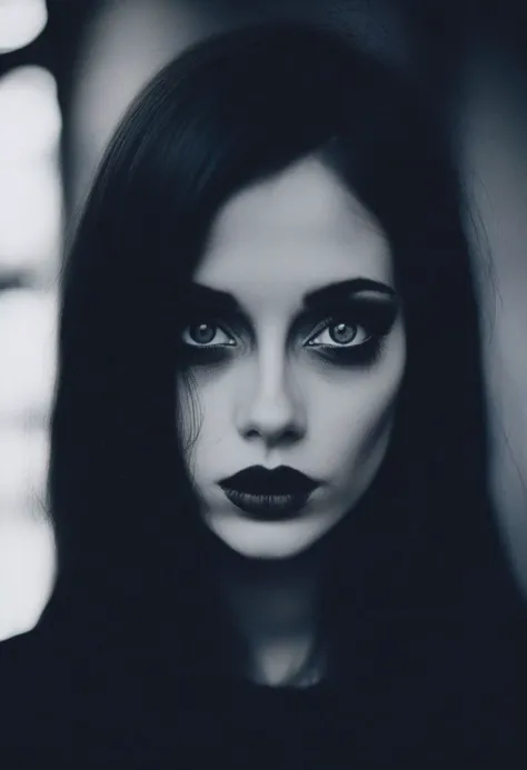 Beautiful 27 year Old woman, pale skin, square shaped face, big eyes, dark eye shadow, dark makeup, analog film photo, heavy Film grain, high ISO, blend 1.4, 85mm lens,