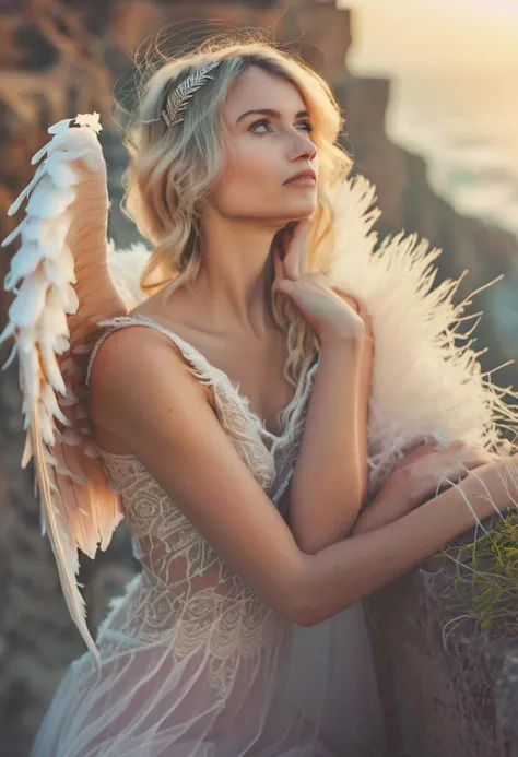 raw photo, portrait, angel girl, Elsa,, blonde, 25yo, thoughtful, sunset lights, sitting on the edge of a cliff, breathtaking raw photo shot, angelcore, realistic photo grain, portrait, feathered detailed wings