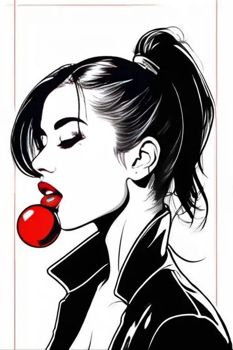sketch for a tattoo, minimalistic lineart
close up portrait of a beautiful lady with red ball gag in mouth, black hair, ponytail
side view, view from side, closed eyes, lust, lustful
frame is rhombus
black and white