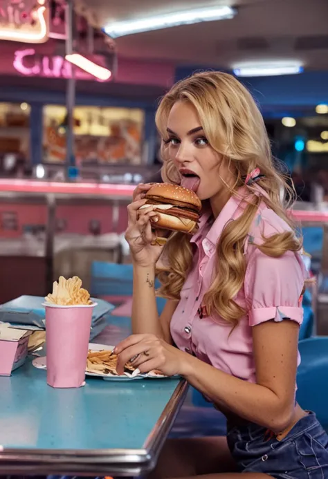 a woman eating a burger in a diner, pink and blue interior, neon lights, 1975