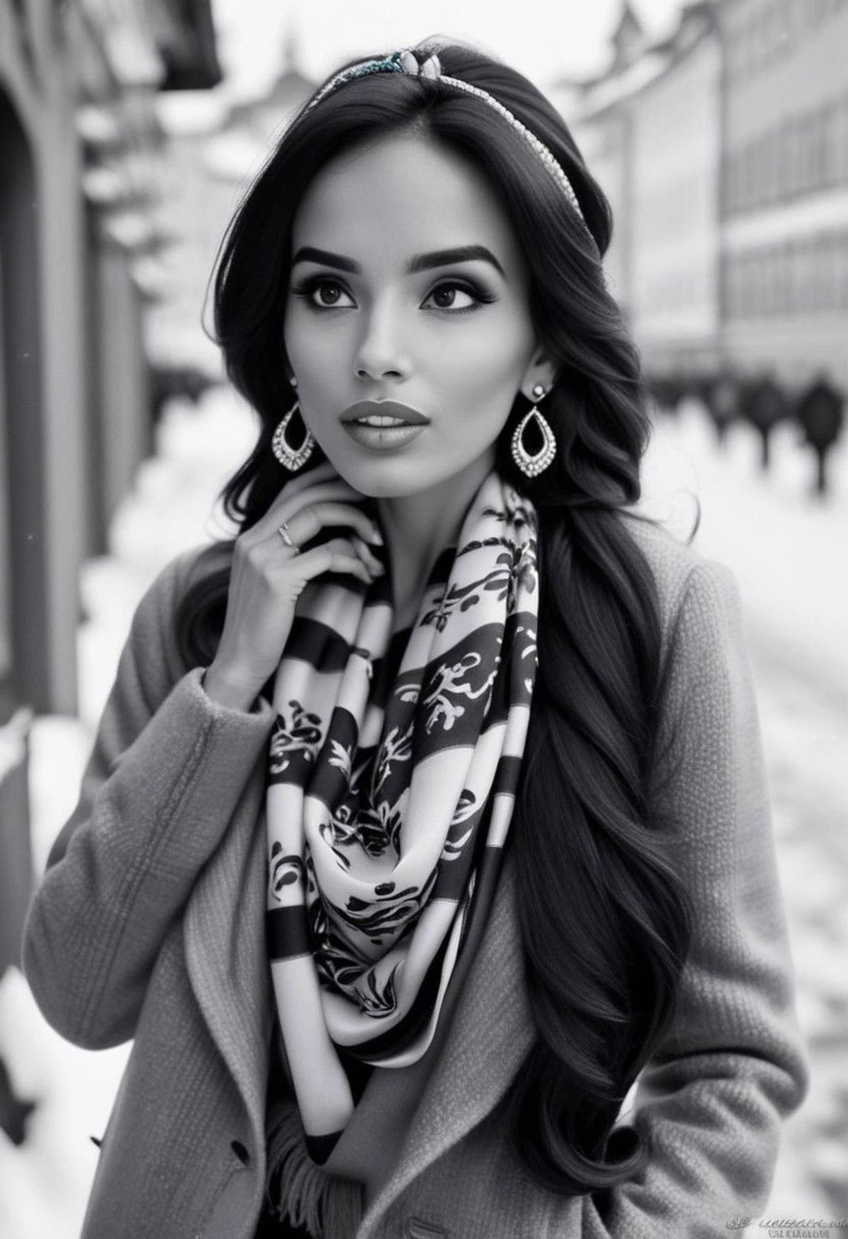 Ultra Realistic, Jasmine, elegant, adjusting hair, classy scottish scarf, flirty, walking on snowy streets in Stockholm, B&W picture
