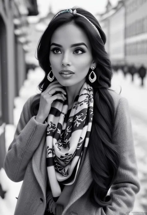 Ultra Realistic,  Jasmine, elegant, adjusting hair, classy scottish scarf, flirty, walking on snowy streets in Stockholm, B&W picture