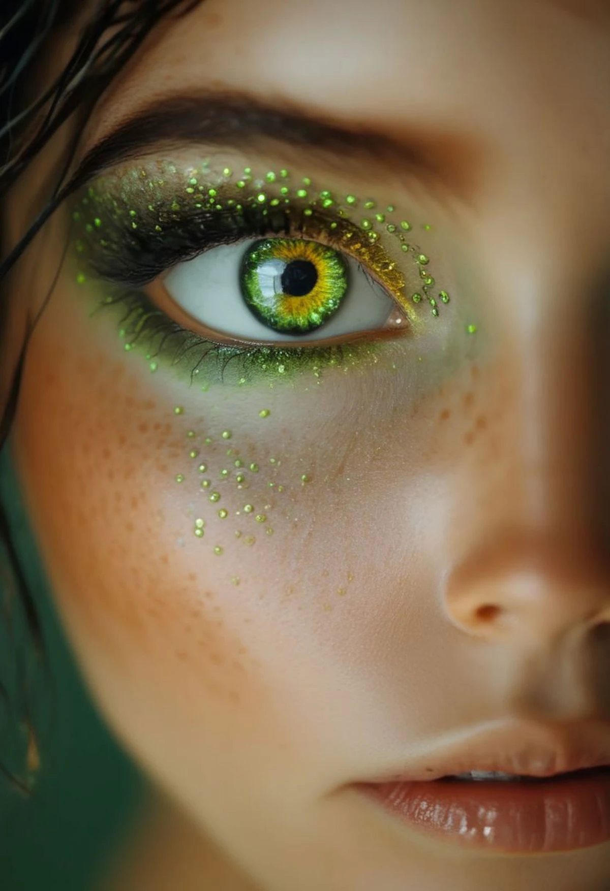 Scene, long shot, cute slender girl with fire sparkling green snake eyes , intense gaze, slumped in her bath, hand on her cheek