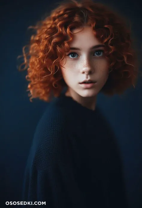 a 18 year Old supercute girl with natural red short curly hair, looking at viewer, photo in the style of Alessio Albi, cinematic composition, cinematic lighting, dark theme