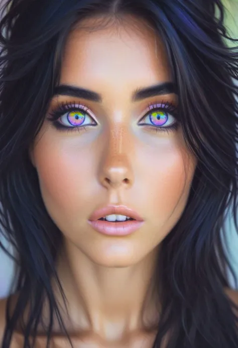 cute girl with large iridescent Rainbowiridal colorful eyes toned torso and super thick dark black eyeliner and mascara. long hair down to shoulders, cute, dimples, slight smile, Exquisitely detailed close