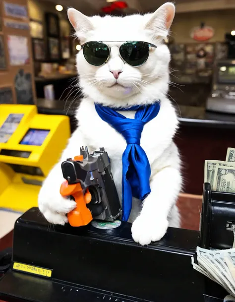 [REALISTIC LIGHTING],[PHOTO],[PHOTOREALISTIC]
<lora:Check_Military:0.5> macro, detailed, realism, style, photograph ,  <lora:detailed:0.75> detailed style 
whimsical, humorous, anthropomorphic, cat in sunglasses, bandana, fedora, holding toy gun, bank interior, teller counter, cash register, money scattered, funny, playful, high quality, detailed, colorful, bright lighting