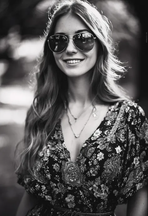 (masterpiece award winning) RAW analog photo (70s) hippie woman wear floral print dress (intricate details:1.1) Fujifilm XT3 (film grain) smiling sunglasses (soft natural lighting) (best quality) (dark shadows) (bokeh) (dof:1.2) (sharp focus:1.3) (detailed skin:1.2) (8k) (uhd) (hdr) (dslr) (absurdres)