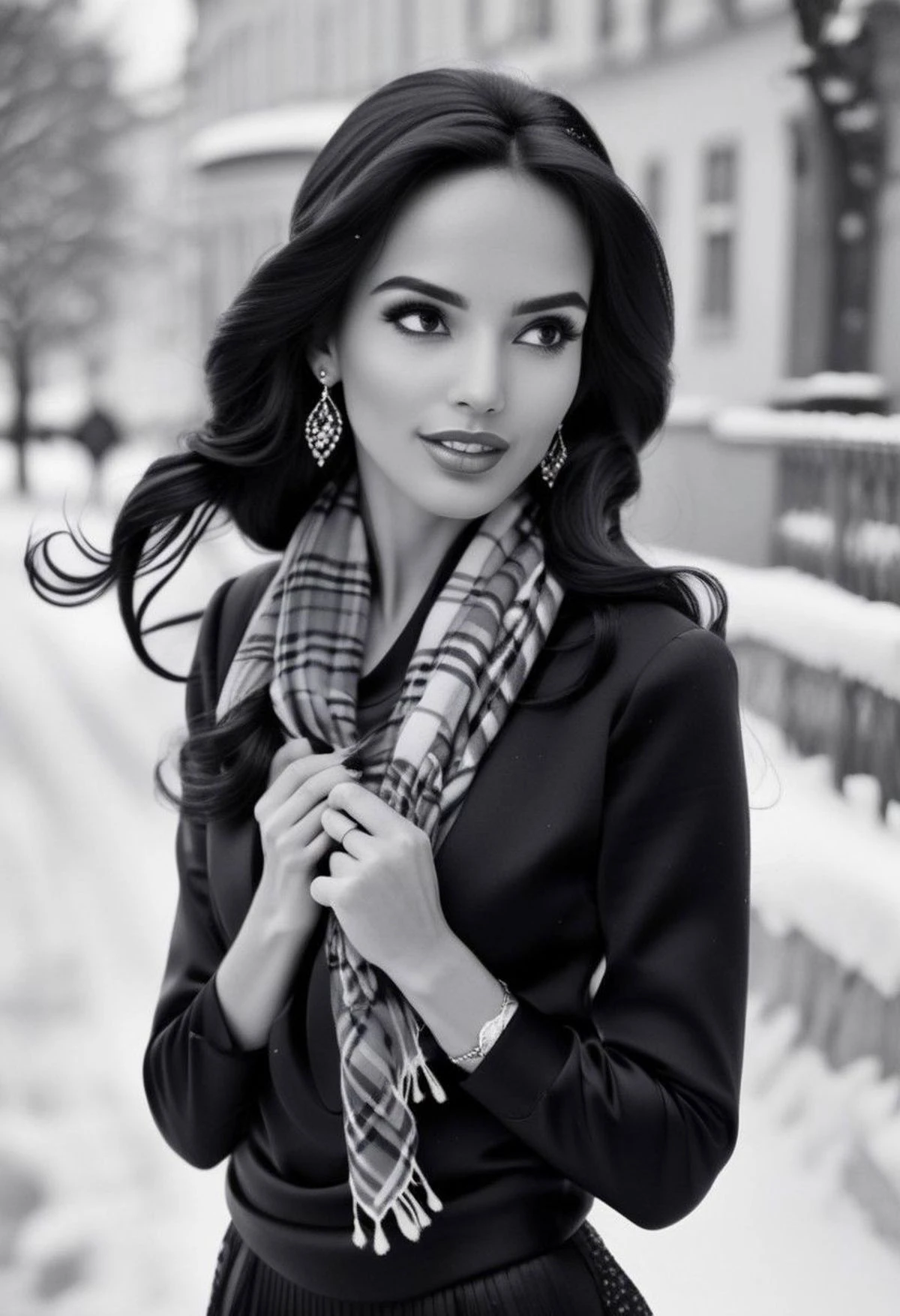 Ultra Realistic, Jasmine, elegant, adjusting hair, classy scottish scarf, flirty, walking on snowy streets in Stockholm, B&W picture