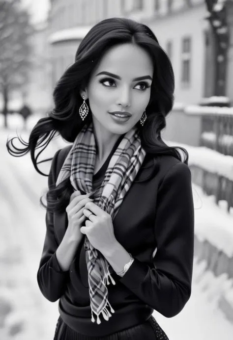 Ultra Realistic,  Jasmine, elegant, adjusting hair, classy scottish scarf, flirty, walking on snowy streets in Stockholm, B&W picture