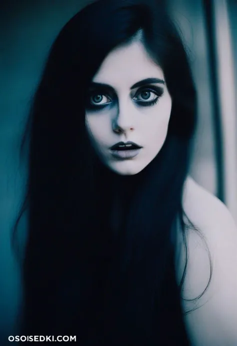 Beautiful 27 year Old woman, pale skin, square shaped face, big eyes, dark eye shadow, dark makeup, analog film photo, heavy Film grain, high ISO, blend 1.4, 85mm lens,