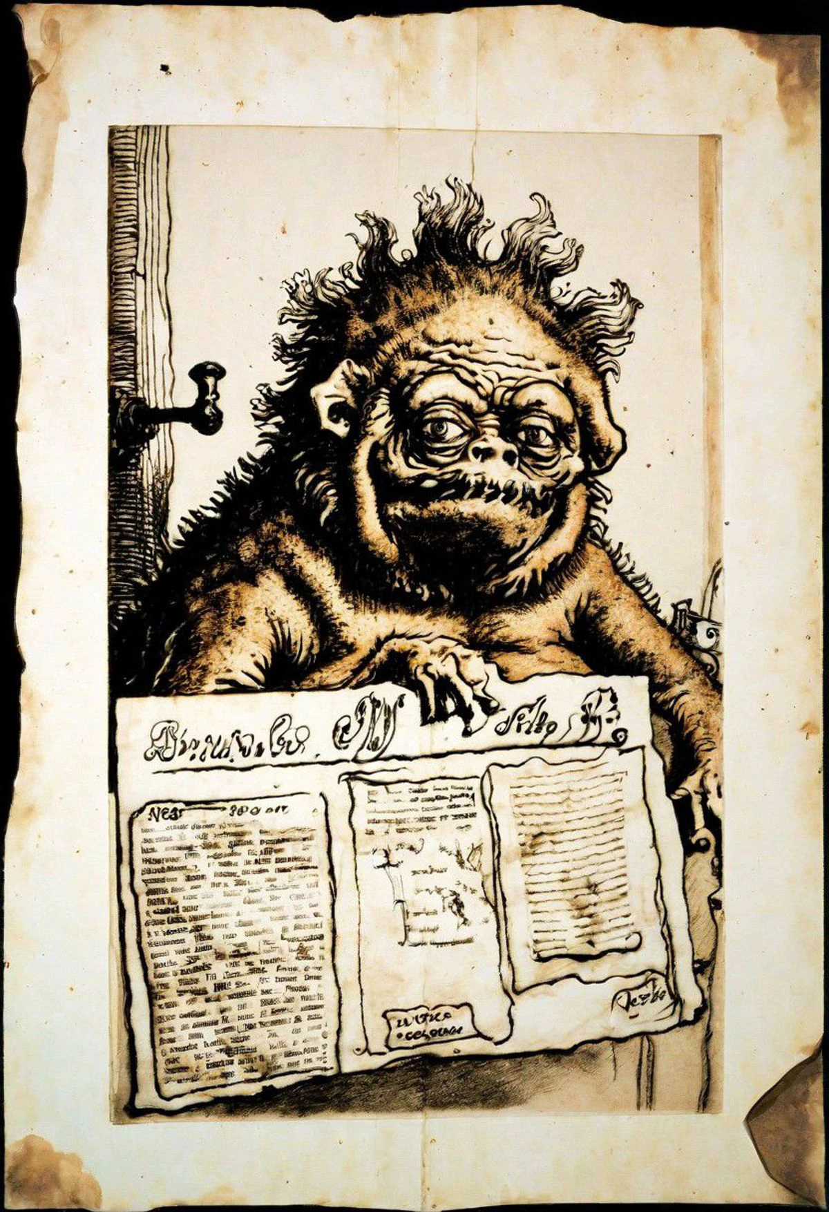 ink, charcoal, alcohol ink drawing of zug monster behind bars in jail, fink monster, eyes bulging out, shocked made of old wrinkled torn frontpage, headline newspaper, receipts, and
old doctor's prescriptions, chiaroscuro, sorrow colors made of r3psp1k3s, reptile skin, spines, Rembrandt Lighting Style, r3mbr4ndt,