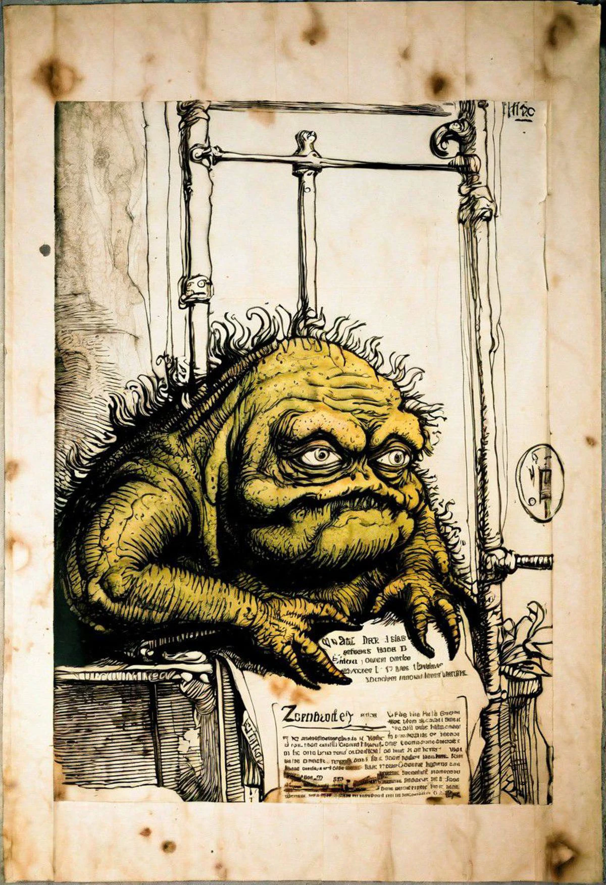 ink, charcoal, alcohol ink drawing of zug monster behind bars in jail, fink monster, eyes bulging out, shocked made of old wrinkled torn frontpage, headline newspaper, receipts, and
old doctor's prescriptions, chiaroscuro, sorrow colors made of r3psp1k3s, reptile skin, spines, Rembrandt Lighting Style, r3mbr4ndt,