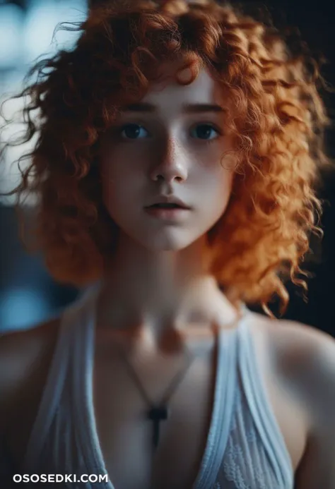 a 18 year Old supercute girl with natural red short curly hair, looking at viewer, photo in the style of Alessio Albi, cinematic composition, cinematic lighting, dark theme