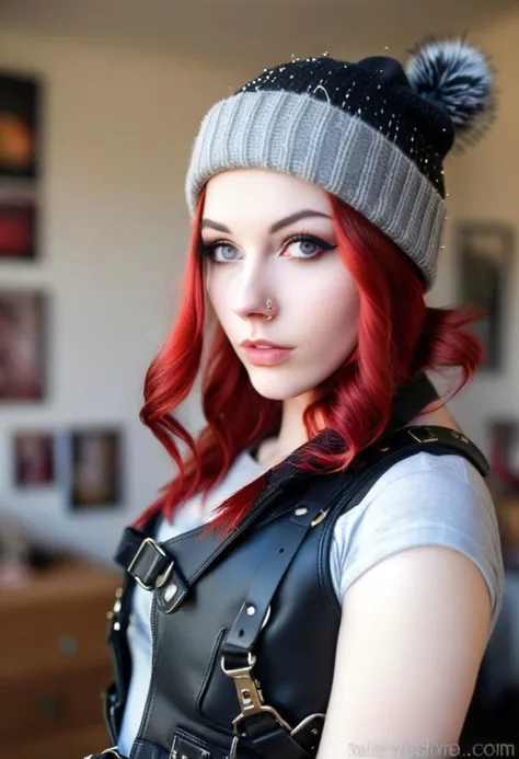 Thorough, analog style, eye focus, highest quality, (highly detailed skin), photo of a exquisitely beautiful pale skin punk Dutch girl, 21yo, (wearing harness, and beanie), perfect face, alluring eyes, [seductive makeup], skin pores, (piercing:0.5), indoor, messy bedroom, (bokeh:0.6), sharp focus, dappled lighting, (backlighting:0.7), film grain, photographed on a Sony A7R IV, 18mm F/1.7 cine lens, (highly detailed, intricately detailed), 8k, HDR, seductively posing, front view, (uppper body:0.9)