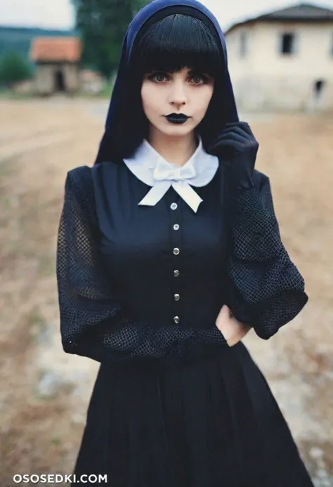 Cute 18-year-old goth girl in the 80s , only goth in the village, photo in the style of Alessio Albi, cinematic composition, cinematic lighting