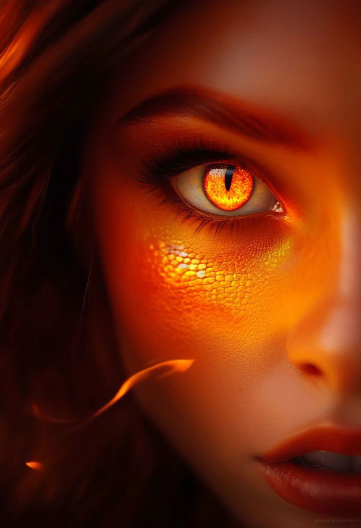 cute girl with fire bright dragon eyes , intense gaze,